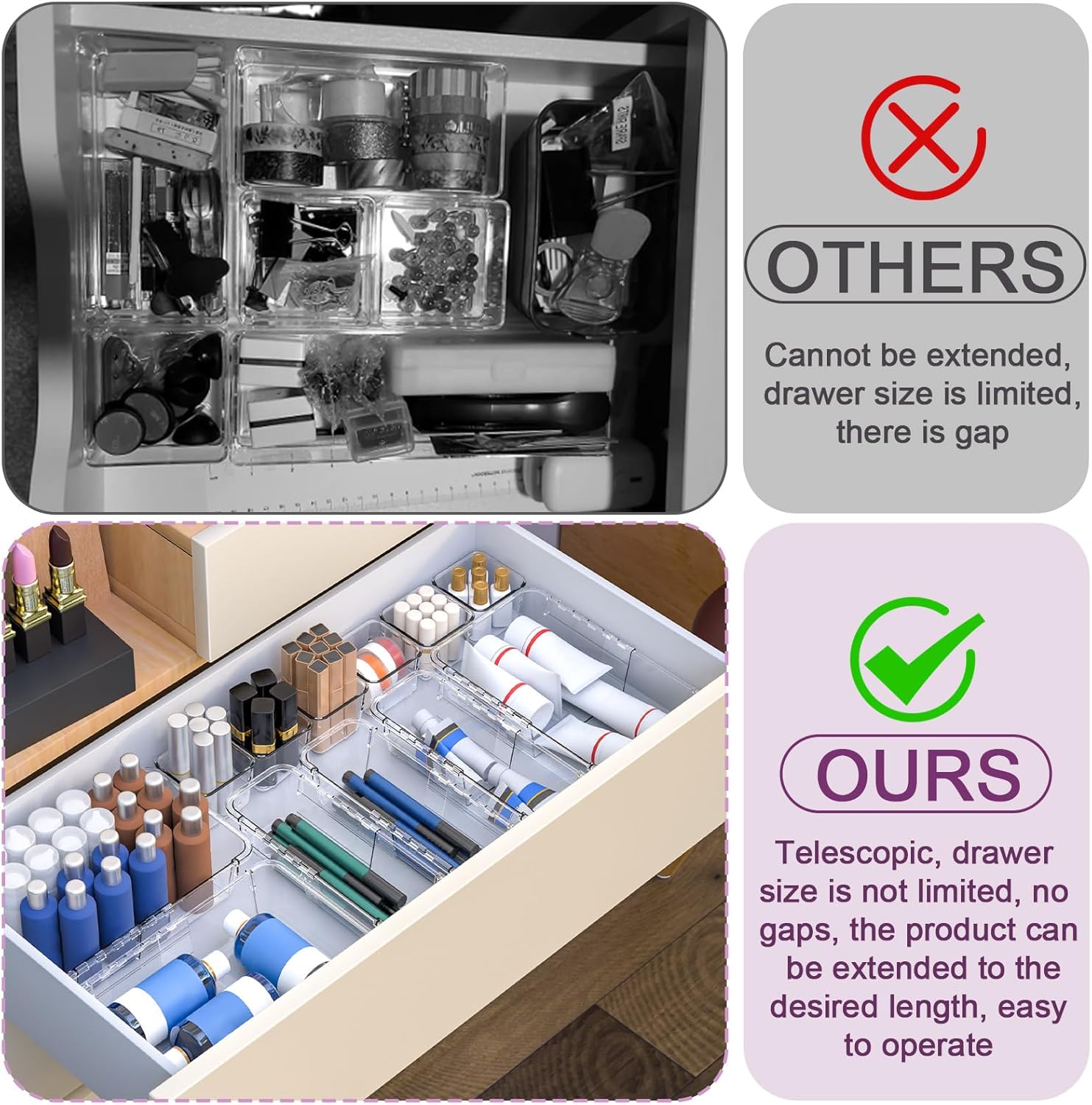 Clear Drawer Organizer, Adjustable Drawer Storage Box