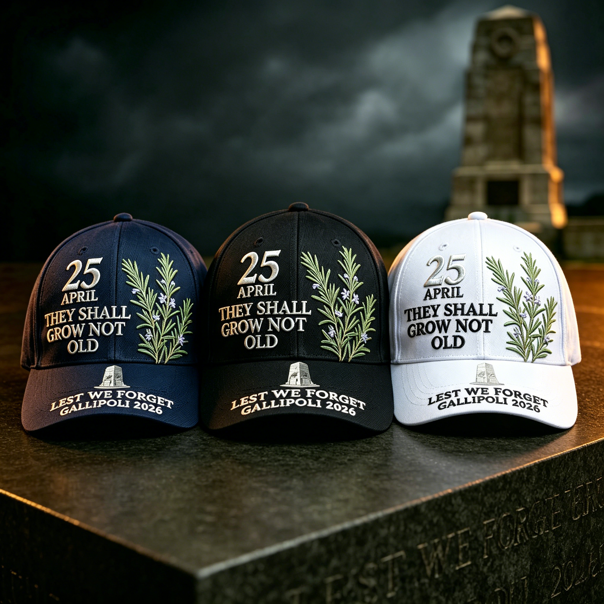  "Lest We Forget" — Gallipoli 2026 ANZAC Commemorative Cap · Rosemary Edition