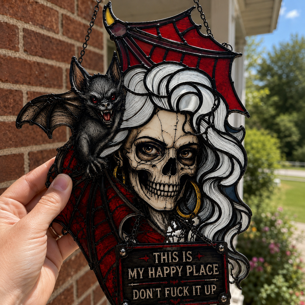 🦇💀Gothic Skull & Bat “My Happy Place” Hanging Art — Mood-Responsive Hair Effect Wall Decor✨