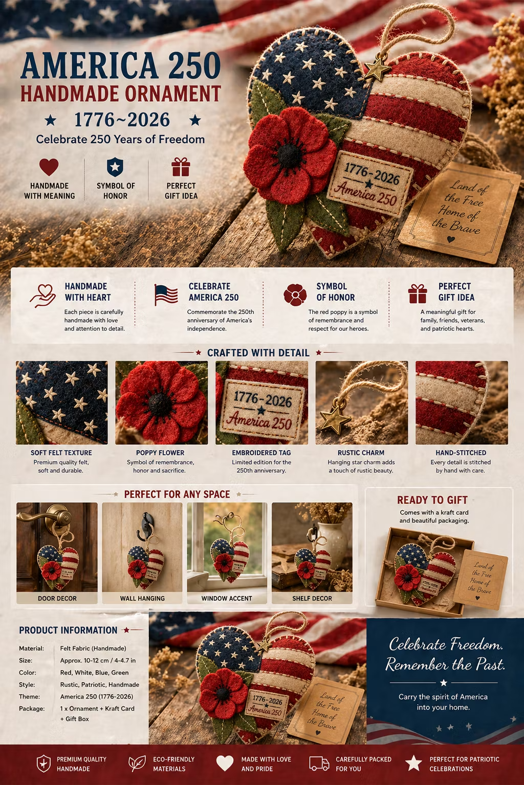Handmade America 250 Heart Ornament