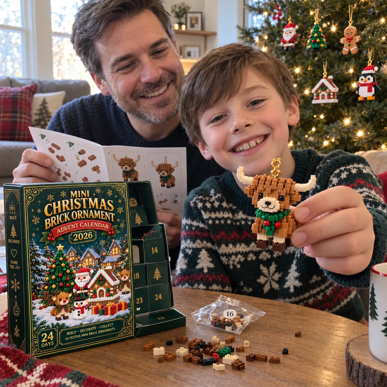 Father and son with their completed Highland Cow brick ornament