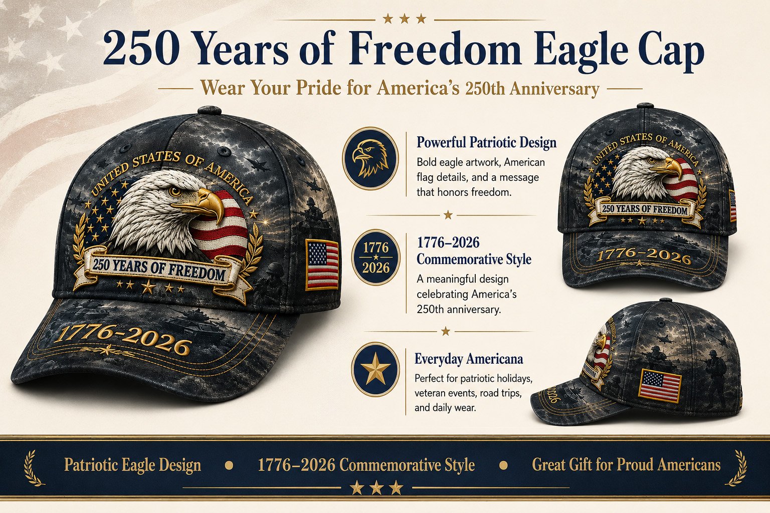 250 Years of Freedom Eagle Cap | Embroidered Patriotic Vintage Baseball Hat