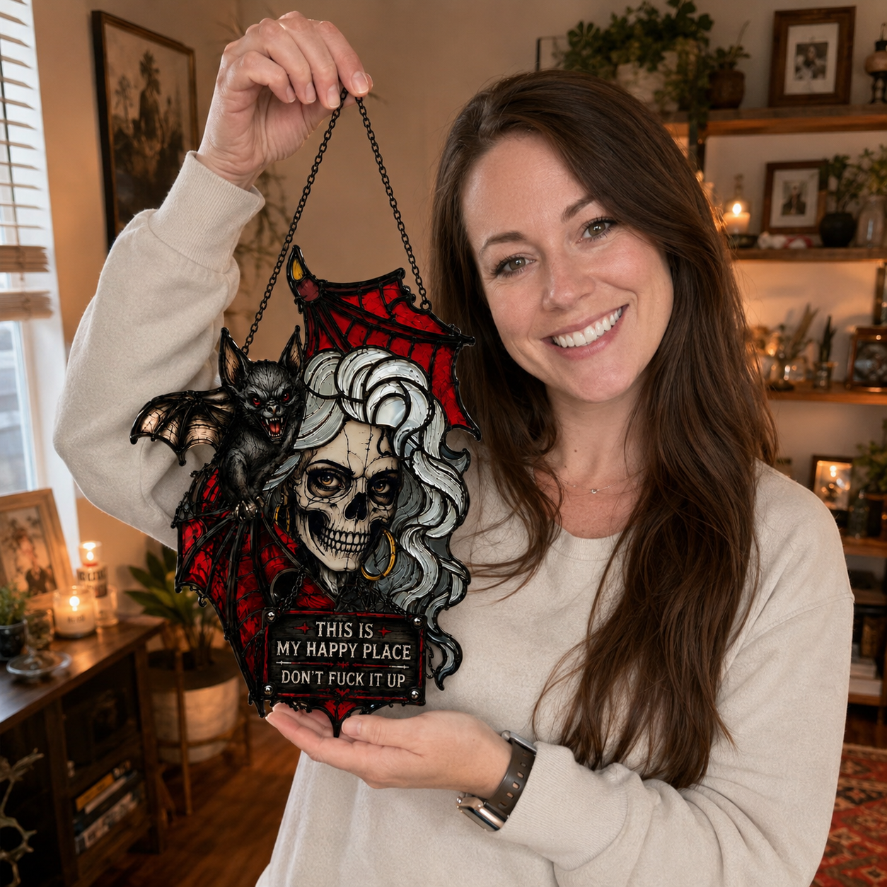 🦇💀Gothic Skull & Bat “My Happy Place” Hanging Art — Mood-Responsive Hair Effect Wall Decor✨