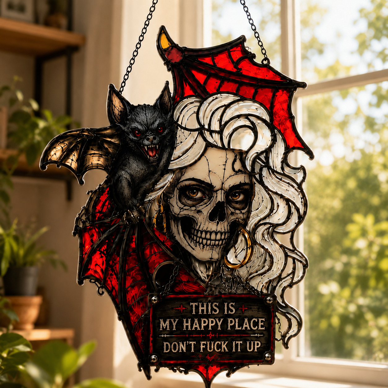 🦇💀Gothic Skull & Bat “My Happy Place” Hanging Art — Mood-Responsive Hair Effect Wall Decor✨