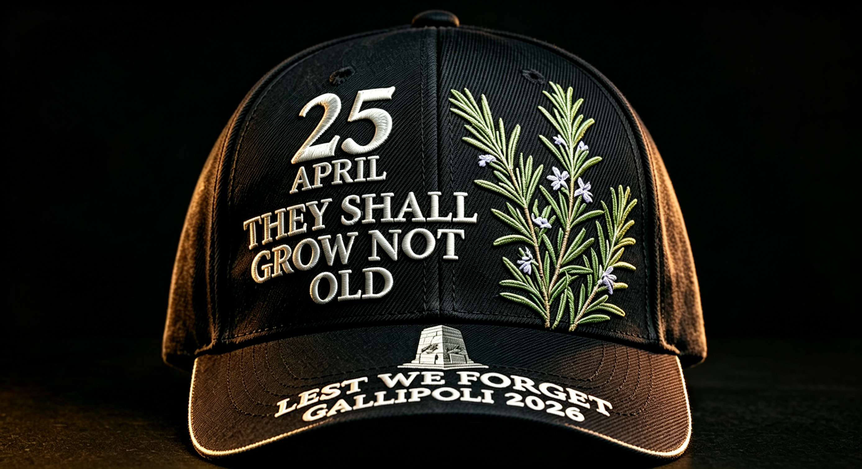  "Lest We Forget" — Gallipoli 2026 ANZAC Commemorative Cap · Rosemary Edition