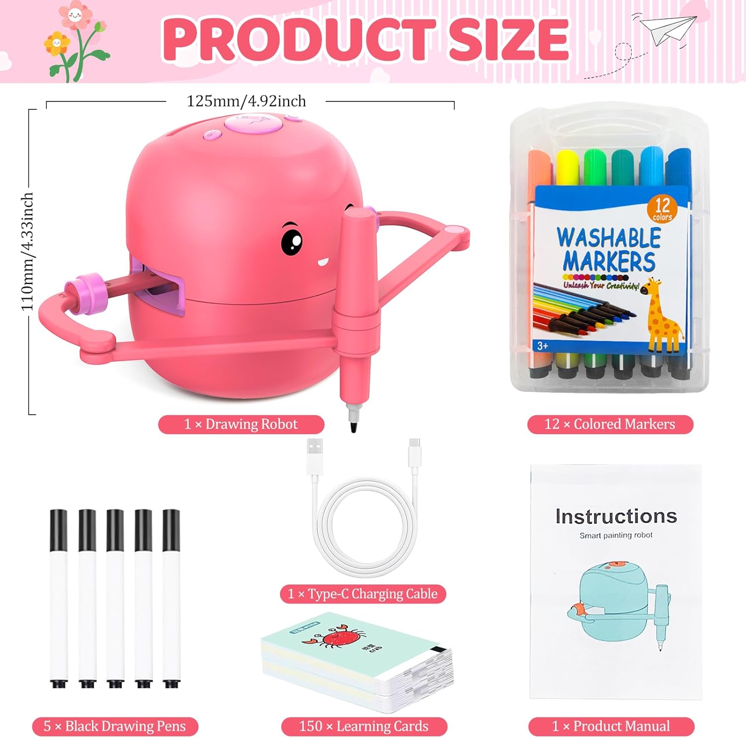 Drawing Robot for Kids with 150 Learning Cards and 17 Colorful Pens, Voice Interactive Educational Smart Art Painting Machine, Step-by-Step Drawing Guidance for Boys Girls Early Learning & STEM Toys