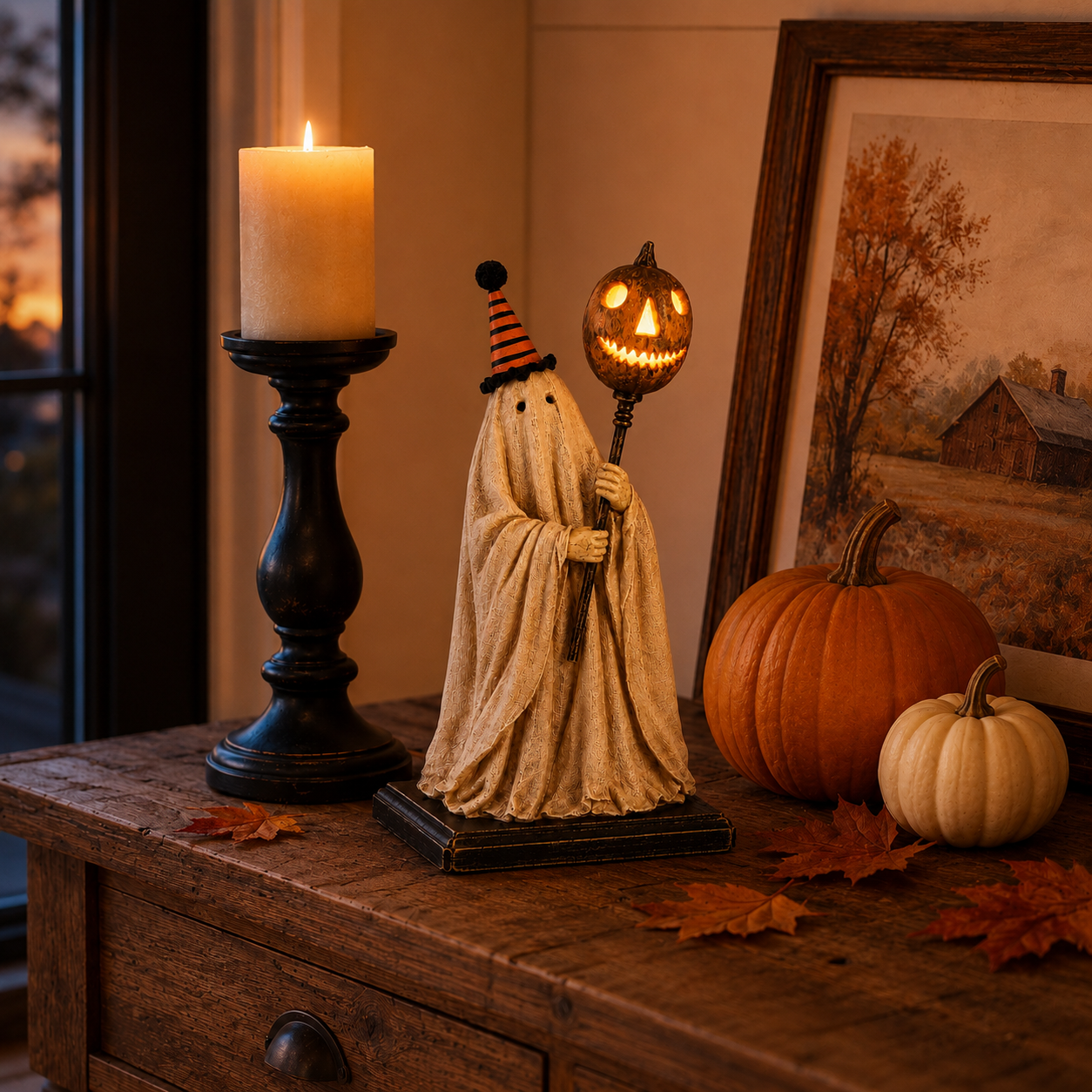 🔥 Halloween Sale - Lighted Vintage Ghost Figurine with Glowing Pumpkin Staff