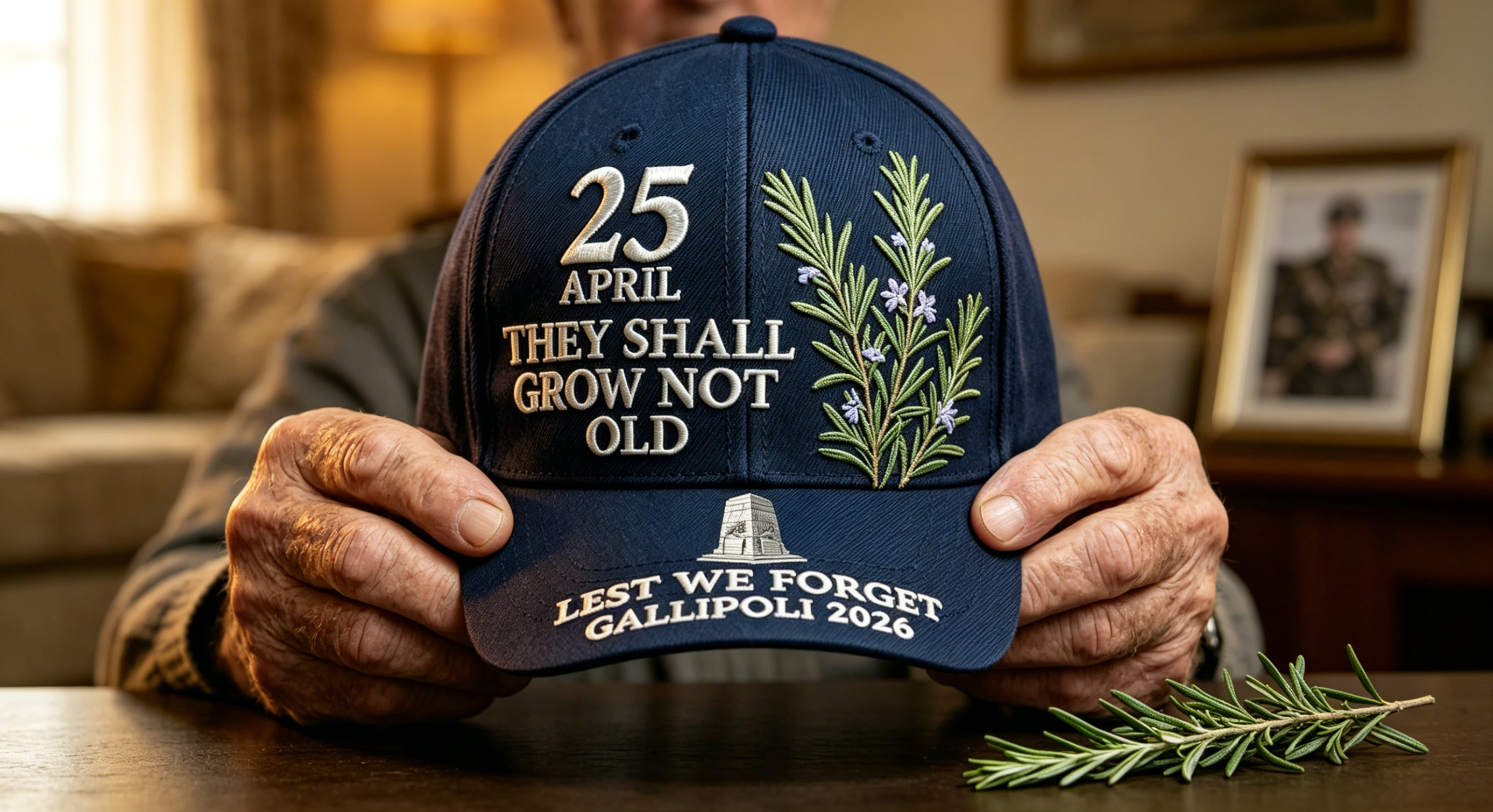  "Lest We Forget" — Gallipoli 2026 ANZAC Commemorative Cap · Rosemary Edition