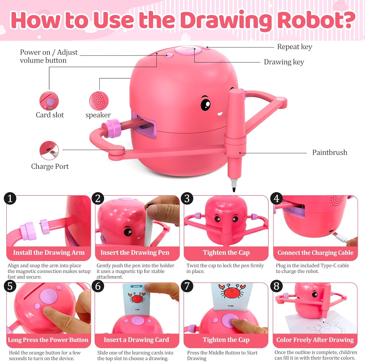 Drawing Robot for Kids with 150 Learning Cards and 17 Colorful Pens, Voice Interactive Educational Smart Art Painting Machine, Step-by-Step Drawing Guidance for Boys Girls Early Learning & STEM Toys