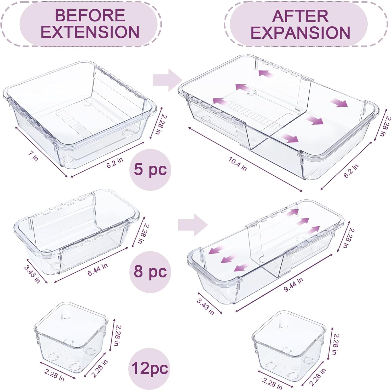 Clear Drawer Organizer, Adjustable Drawer Storage Box