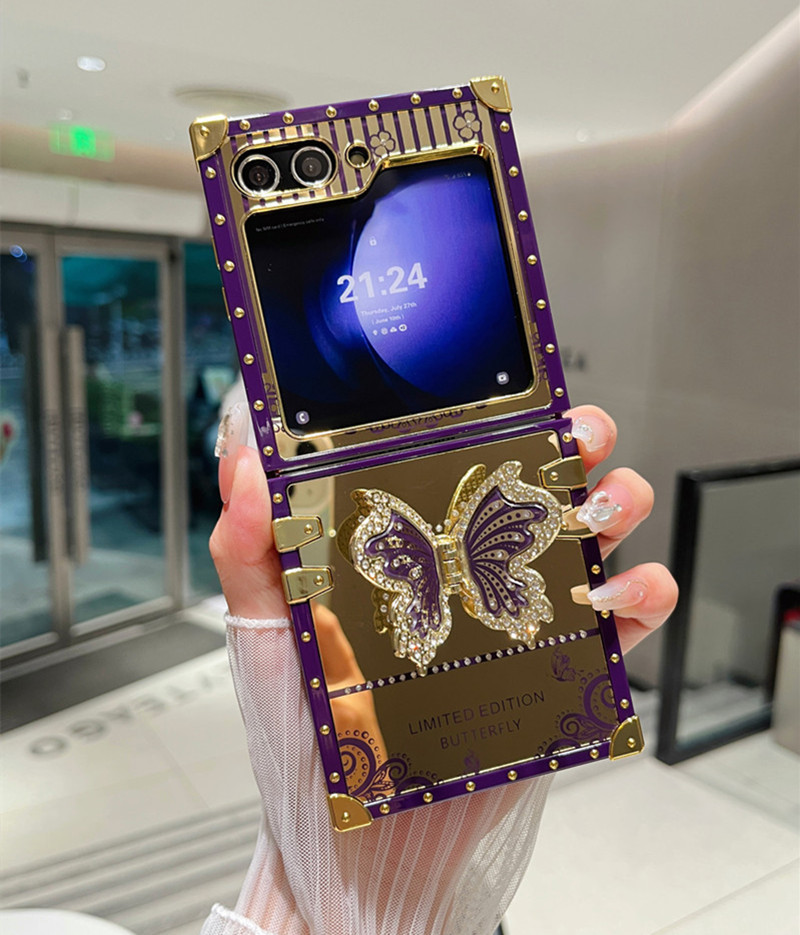 Калъф за телефон със стойка с диамантена пеперуда за Galaxy Z Flip