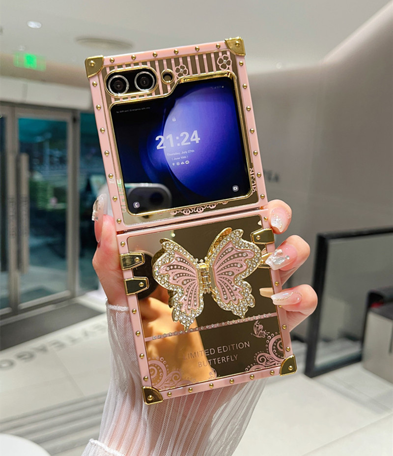 Калъф за телефон със стойка с диамантена пеперуда за Galaxy Z Flip