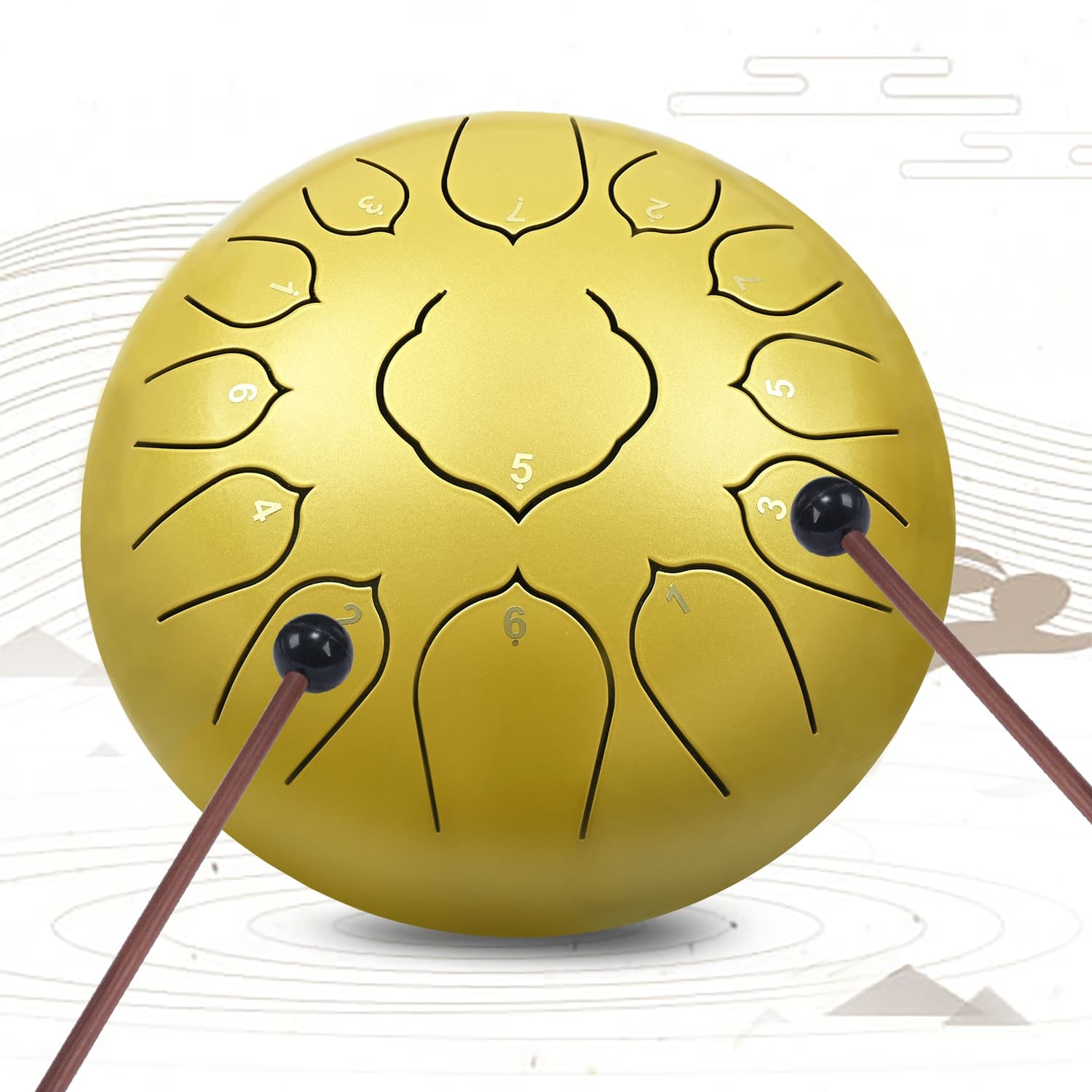 CVNC 12 Inches 13 Notes Gold Lotus Steel Tongue Drum Percussion Instrument Hand Pan Drum with Free Padded Travel Bag & Mallets