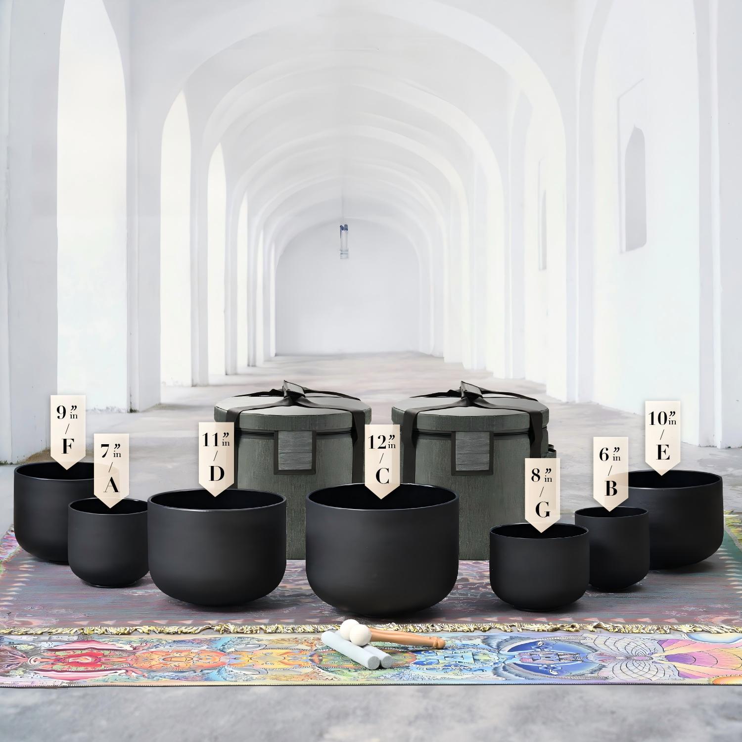 CVNC 7 PCS 6-12 Inch Black Colored Frosted Crystal Singing Bowl Set With Carrier Bag For Sound Bath Meditation
