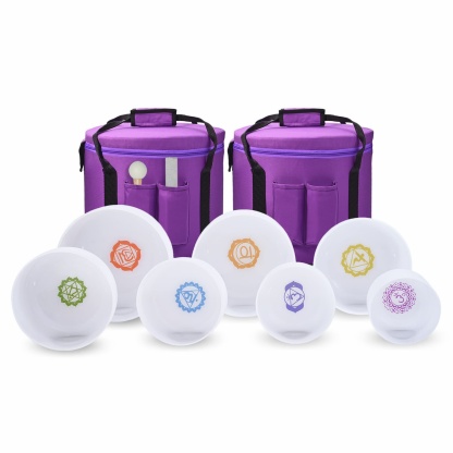 CVNC 8-14 Inch Chakra Symbol Design Crystal Singing Bowl Set With Carrier Bag For Chakra Healing Meditation