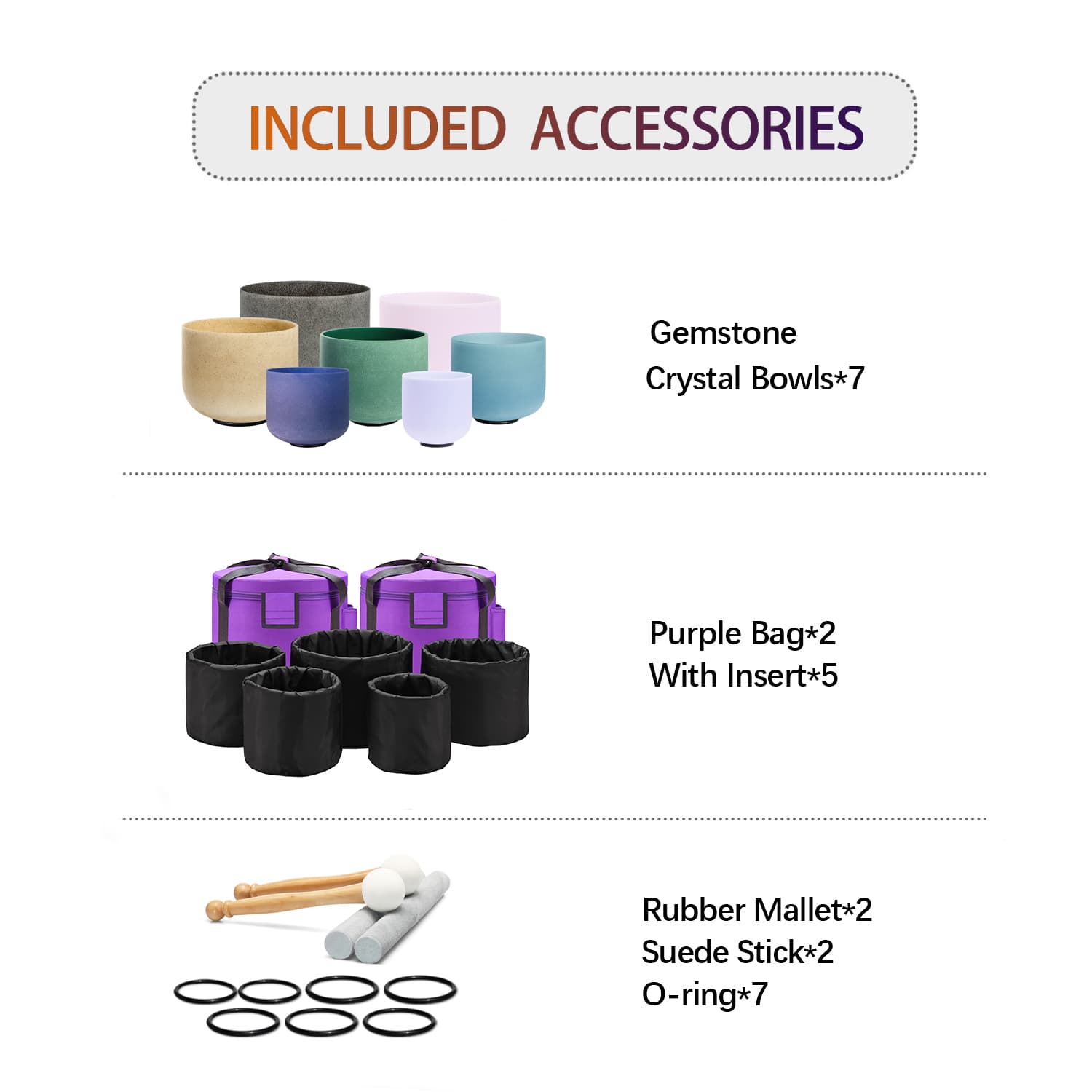 CVNC 6-12 Inch 7 PCS Gemstone Fusion Crystal Singing Bowl Set With Carrier Bag For Chakra Healing Meditation