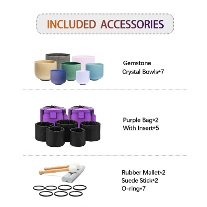 CVNC 6-12 Inch 7 PCS Gemstone Fusion Crystal Singing Bowl Set With Carrier Bag For Chakra Healing Meditation