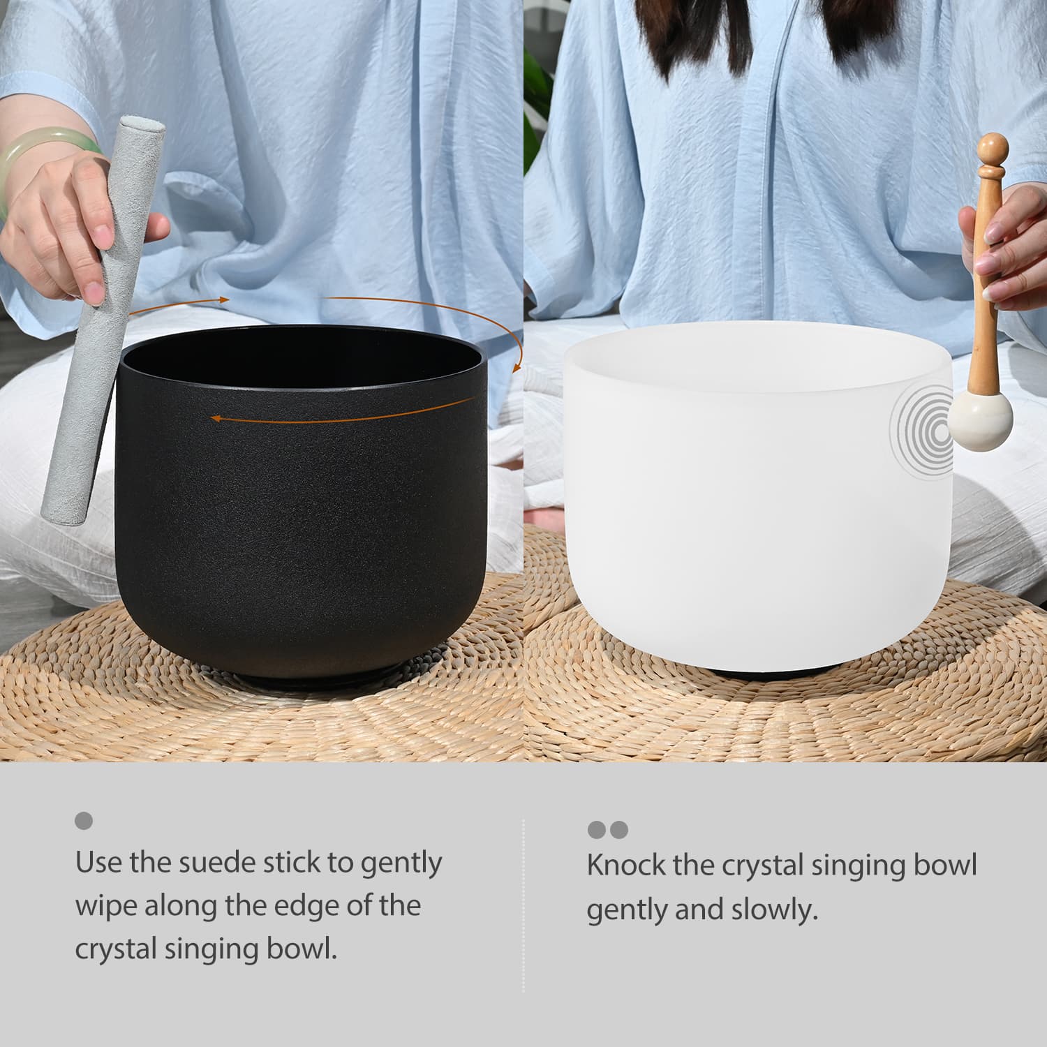 CVNC 2 PCS Yin and Yang Crystal Singing Bowl Set 8 Inch Black Note A and 10 Inch White Note F with Carrier Bag For Sound Healing
