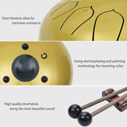 CVNC 12 Inches 13 Notes Gold Lotus Steel Tongue Drum Percussion Instrument Hand Pan Drum with Free Padded Travel Bag & Mallets