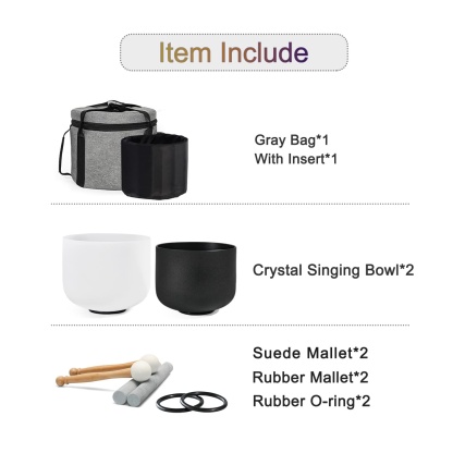 CVNC 2 PCS Yin and Yang Crystal Singing Bowl Set 8 Inch Black Note A and 10 Inch White Note F with Carrier Bag For Sound Healing