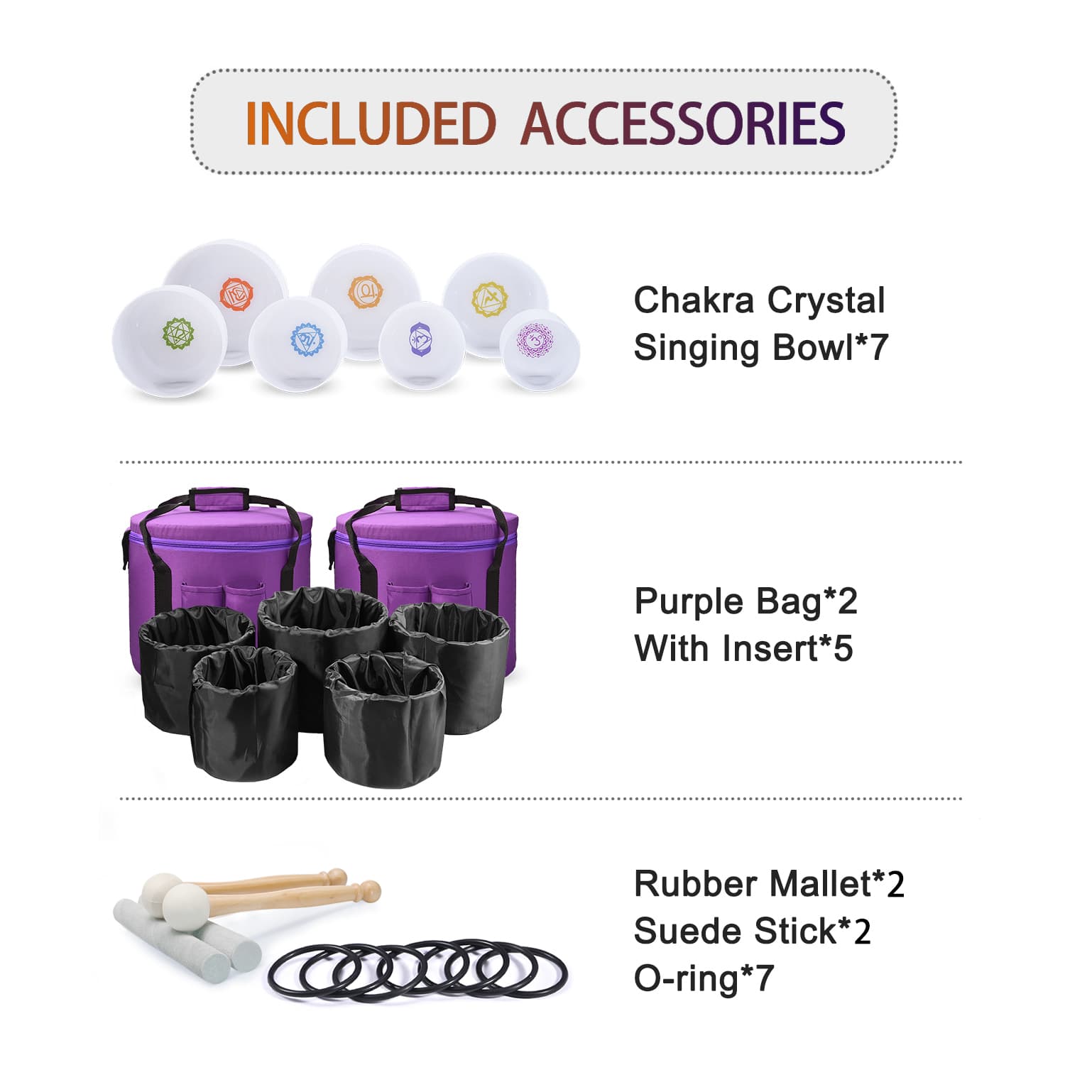 CVNC 6-12 Inch Chakra Symbol Design Crystal Singing Bowl Set With Carrier Bag For Chakra Healing Meditation