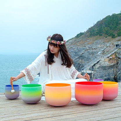 CVNC 8-14 Inch Rainbow Color Frosted Quartz Crystal Singing Bowl Set With Carrier Bag For Sound Healing