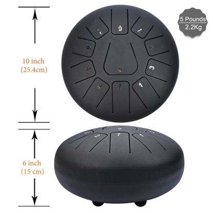 CVNC Steel Tongue Drum 10 Inches 11 Notes, Hand Drum with Bag, Music Book, Drumsticks, Mallet Holder and Finger Paddles, Continuous Echo for Meditation or Yoga (Black)