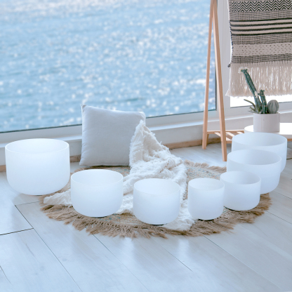 CVNC 7-12 Inch 7 PCS Frosted White Crystal Singing Bowl Set With Carrier Bag For Sound Bath Meditation