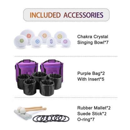 CVNC 6-12 Inch Chakra Symbol Design Crystal Singing Bowl Set With Carrier Bag For Chakra Healing Meditation