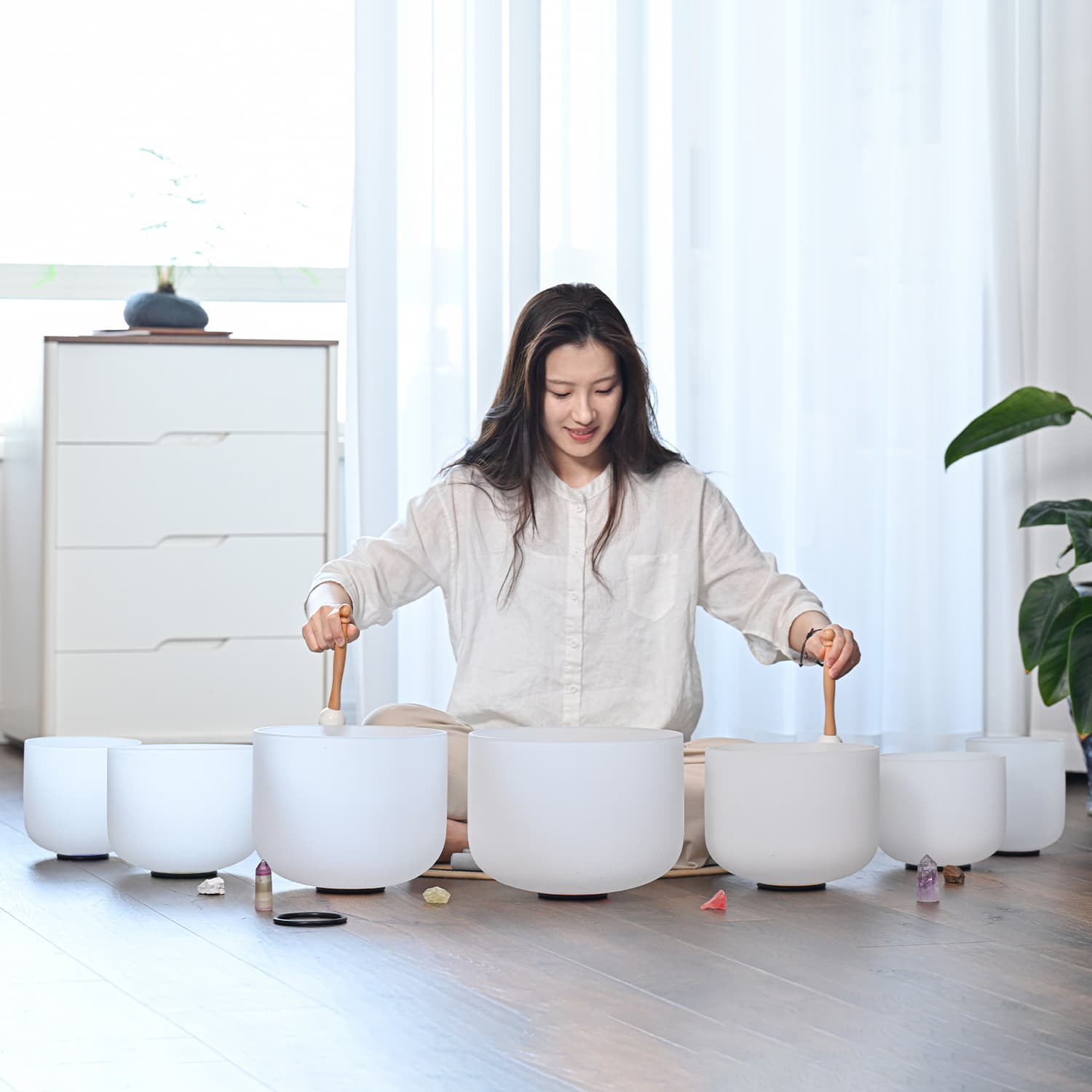 CVNC 8-14 Inch Chakra Crystal Singing Bowl Set With Carrier Bag For Chakra Healing Meditation