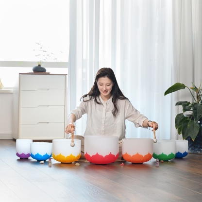 CVNC 6-12 Inch 7 PCS Lotus Symbol Crystal Singing Bowl Set With Carrier Bag For Sound Healing