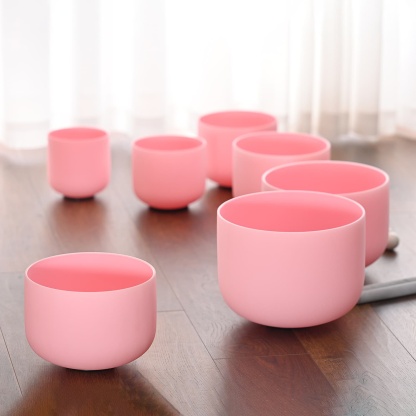 CVNC 6-12 Inch Pink Color Frosted Quartz Crystal Singing Bowls Chakra Set of 7 with Carry Case Bags for Sound Healing and Meditation