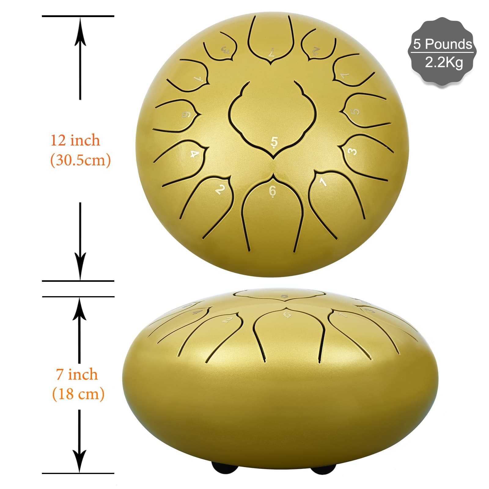 CVNC 12 Inches 13 Notes Gold Lotus Steel Tongue Drum Percussion Instrument Hand Pan Drum with Free Padded Travel Bag & Mallets