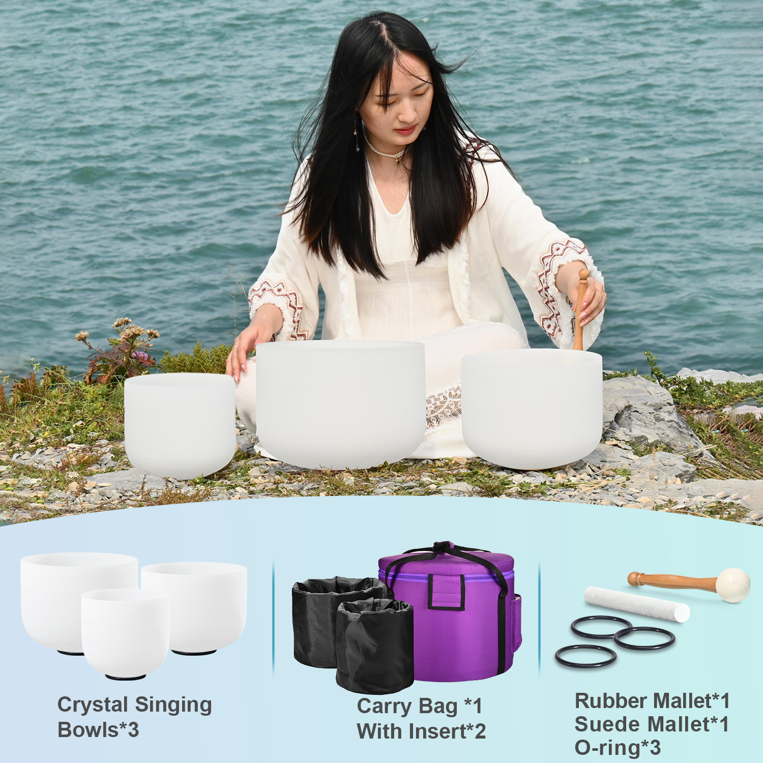 CVNC 8"B 10"E 12"C Frosted Quartz Crystal Singing Bowl Set With Carrier Bag For Sound Healing