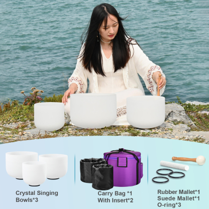 CVNC 8"B 10"E 12"C Frosted Quartz Crystal Singing Bowl Set With Carrier Bag For Sound Healing