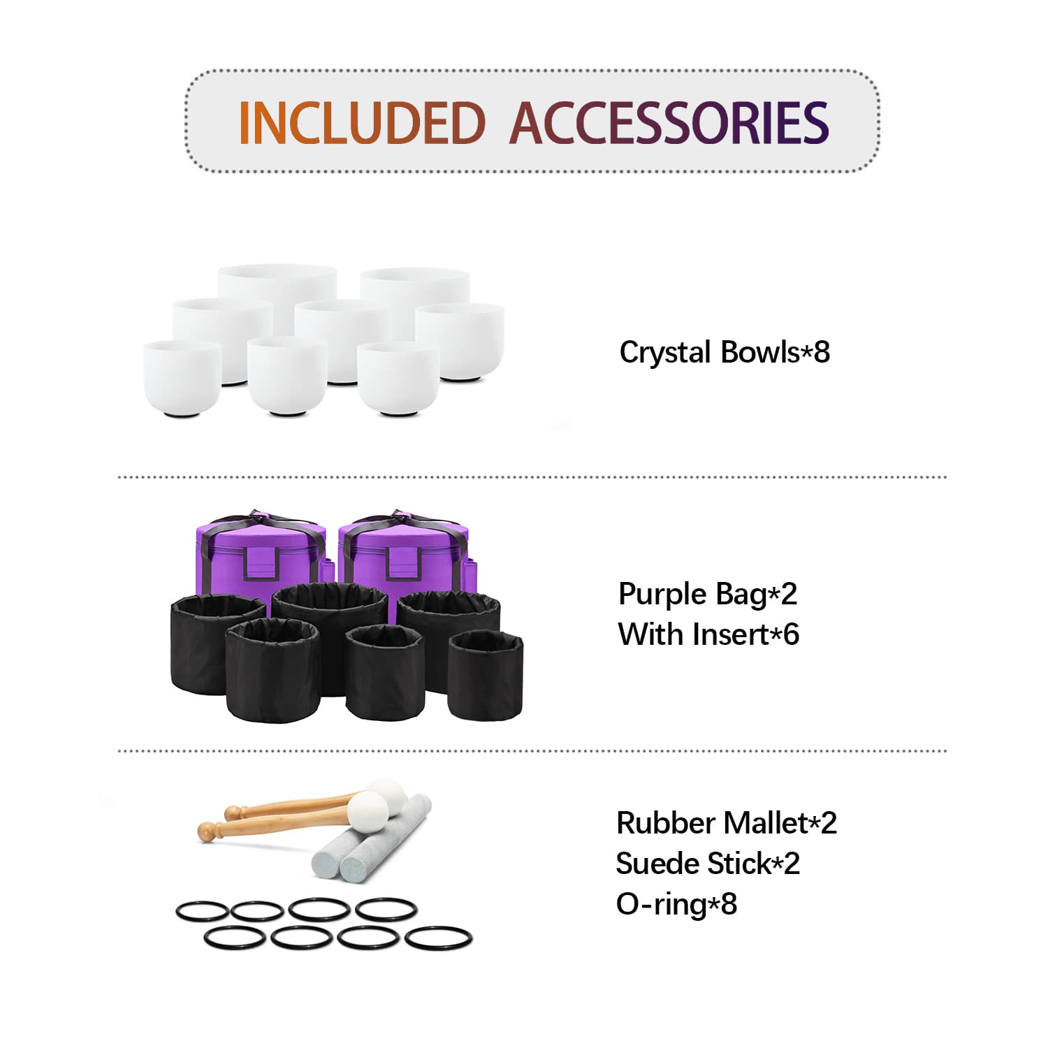 CVNC 8 PCS 7-14 Inch Frosted Crystal Singing Bowl Set With Carrier Bag For Chakra Healing Meditation