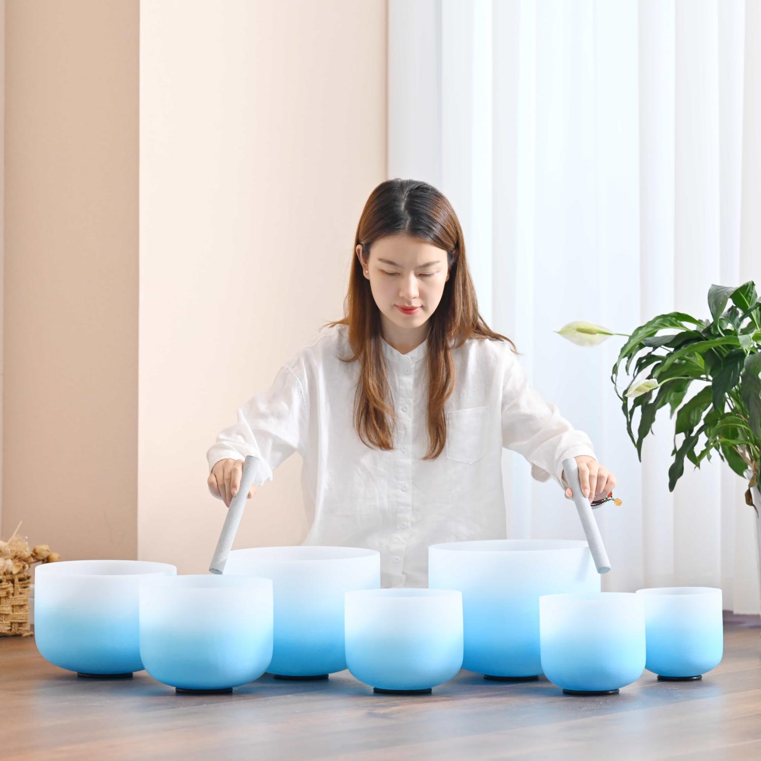CVNC 6-12 7PCS Blue Aria Gradient Design Crystal Singing Bowl Set With Grey Carrier Bag For Chakra Healing Meditation