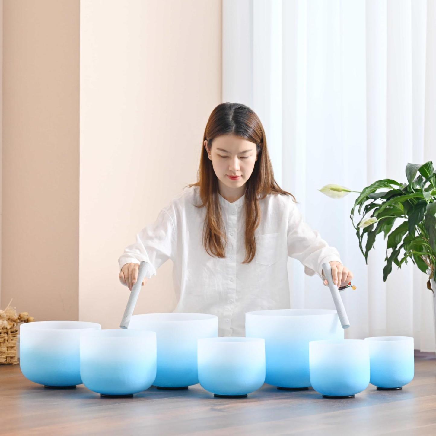 CVNC 6-12 7PCS Blue Aria Gradient Design Crystal Singing Bowl Set With Grey Carrier Bag For Chakra Healing Meditation