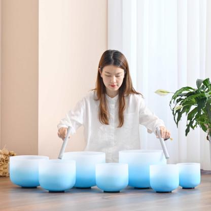 CVNC 6-12 7PCS Blue Aria Gradient Design Crystal Singing Bowl Set With Grey Carrier Bag For Chakra Healing Meditation