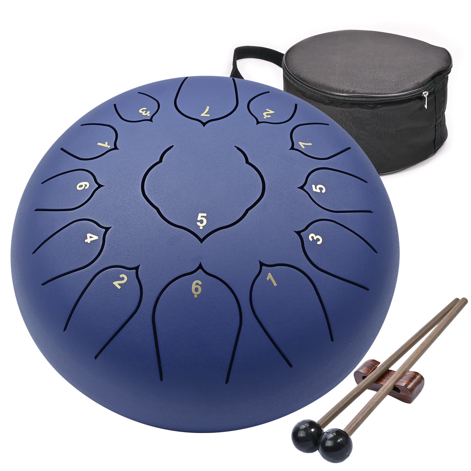 CVNC 12 Inches 13 Notes Blue Lotus Steel Tongue Drum Percussion Instrument Hand Pan Drum with Free Padded Travel Bag & Mallets