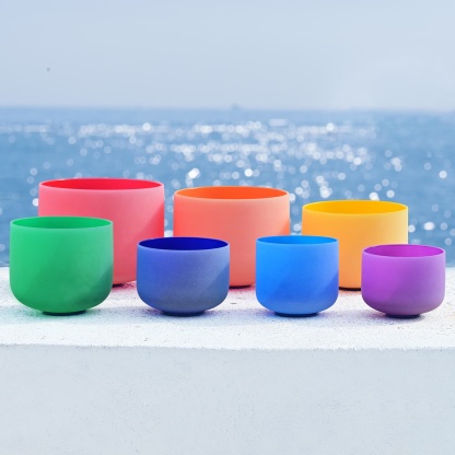 CVNC 7 PCS 8-14 Inch Colored Frosted Crystal Singing Bowl Set With Carrier Bag For Sound Healing
