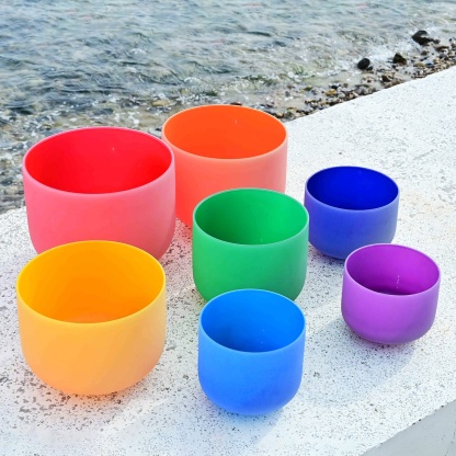 CVNC 7 PCS 8-14 Inch Colored Frosted Crystal Singing Bowl Set With Carrier Bag For Sound Healing