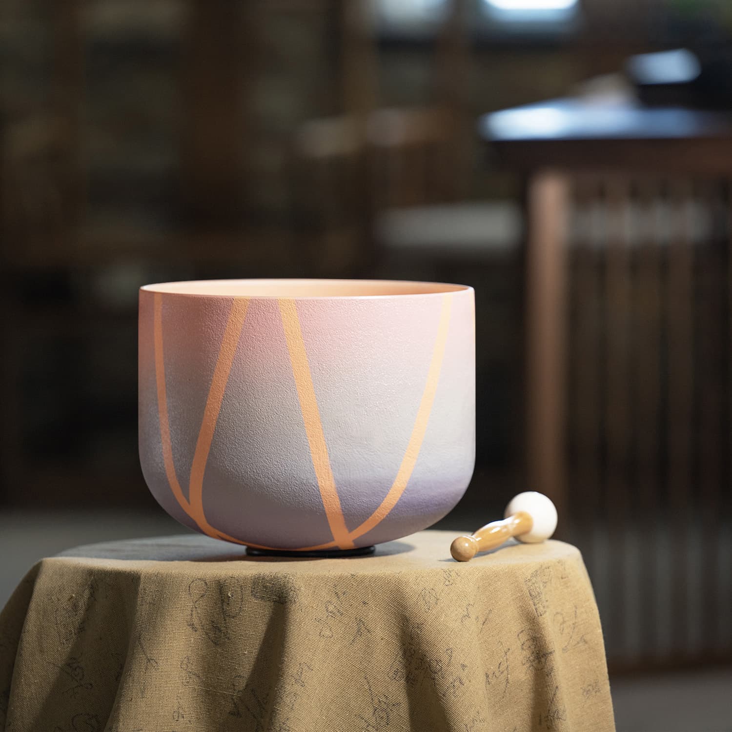 CVNC D Note Pink Colored Striped Crystal Singing Bowl For Sound Healing