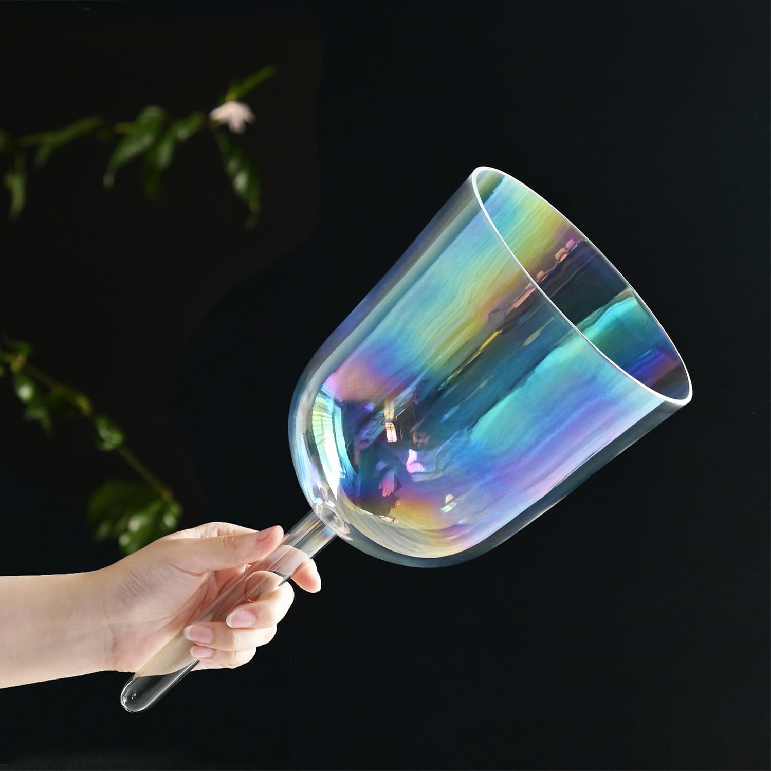 CVNC Handle Clear Cosmic Light Crystal Singing Bowl With Carrier Bag For Chakra Healing Meditation