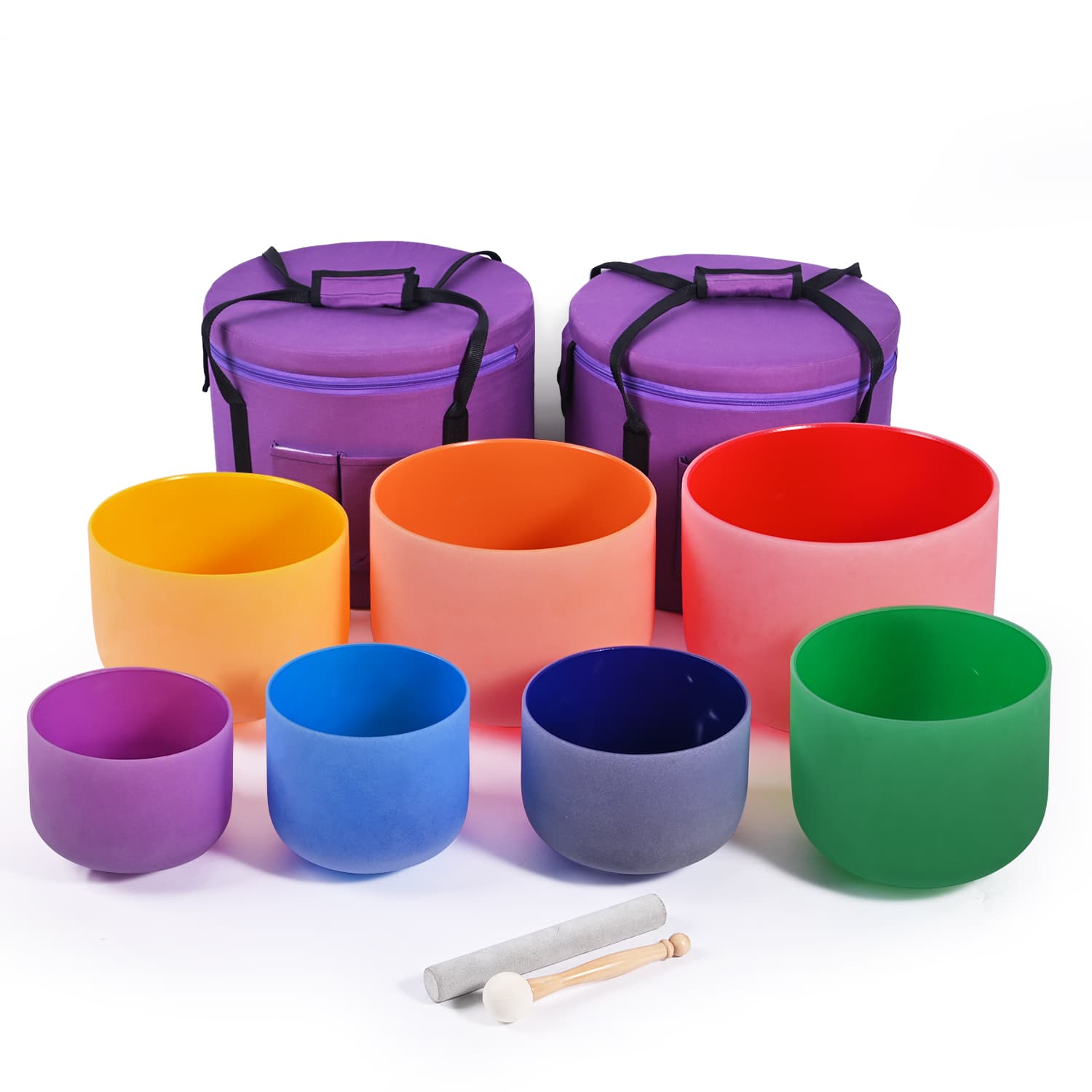 CVNC 7 PCS 7-12 Inch Colored Frosted Crystal Singing Bowl Set With Carrier Bag For Sound Bath Meditation