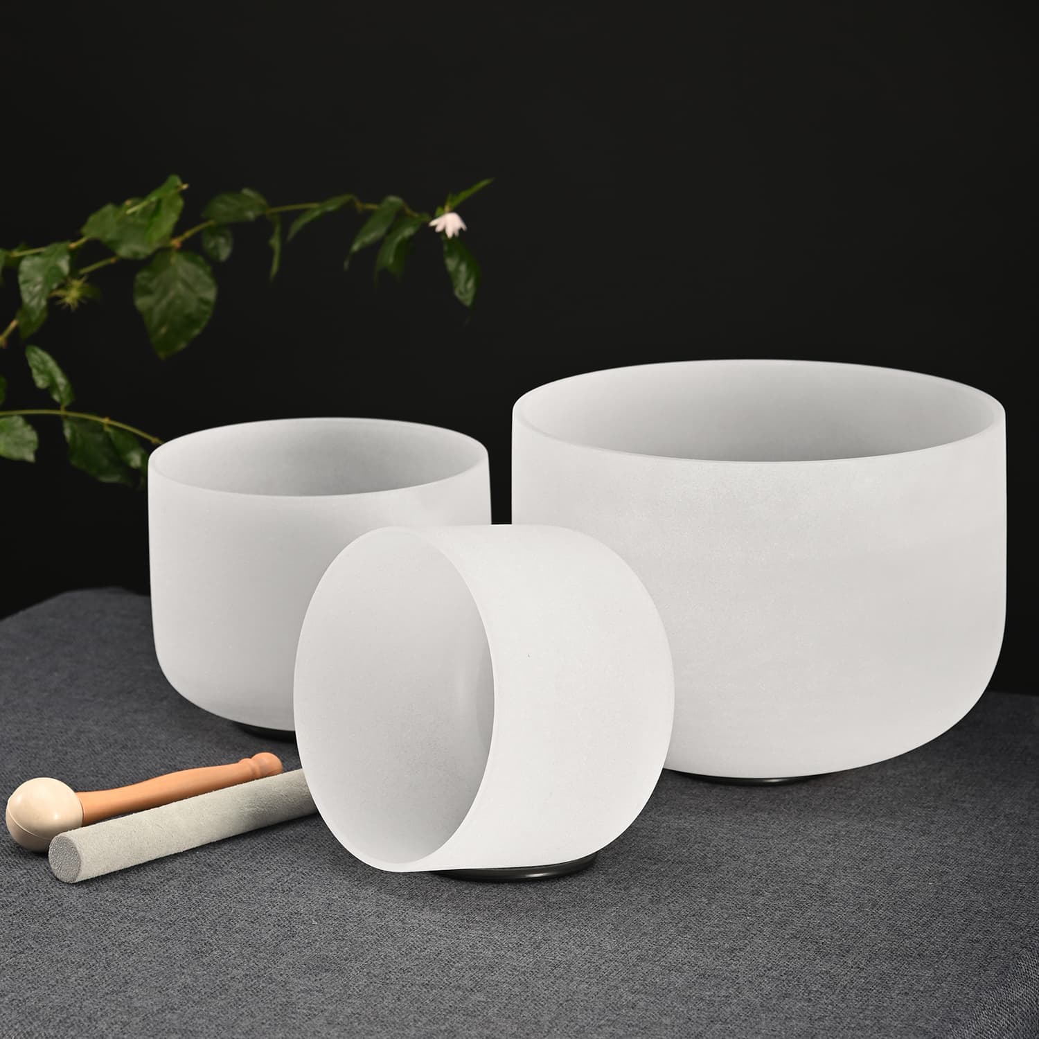 CVNC 9"A 12"F 14"C Frosted Quartz Crystal Singing Bowl Grand Harmony Set With Carrier Bag