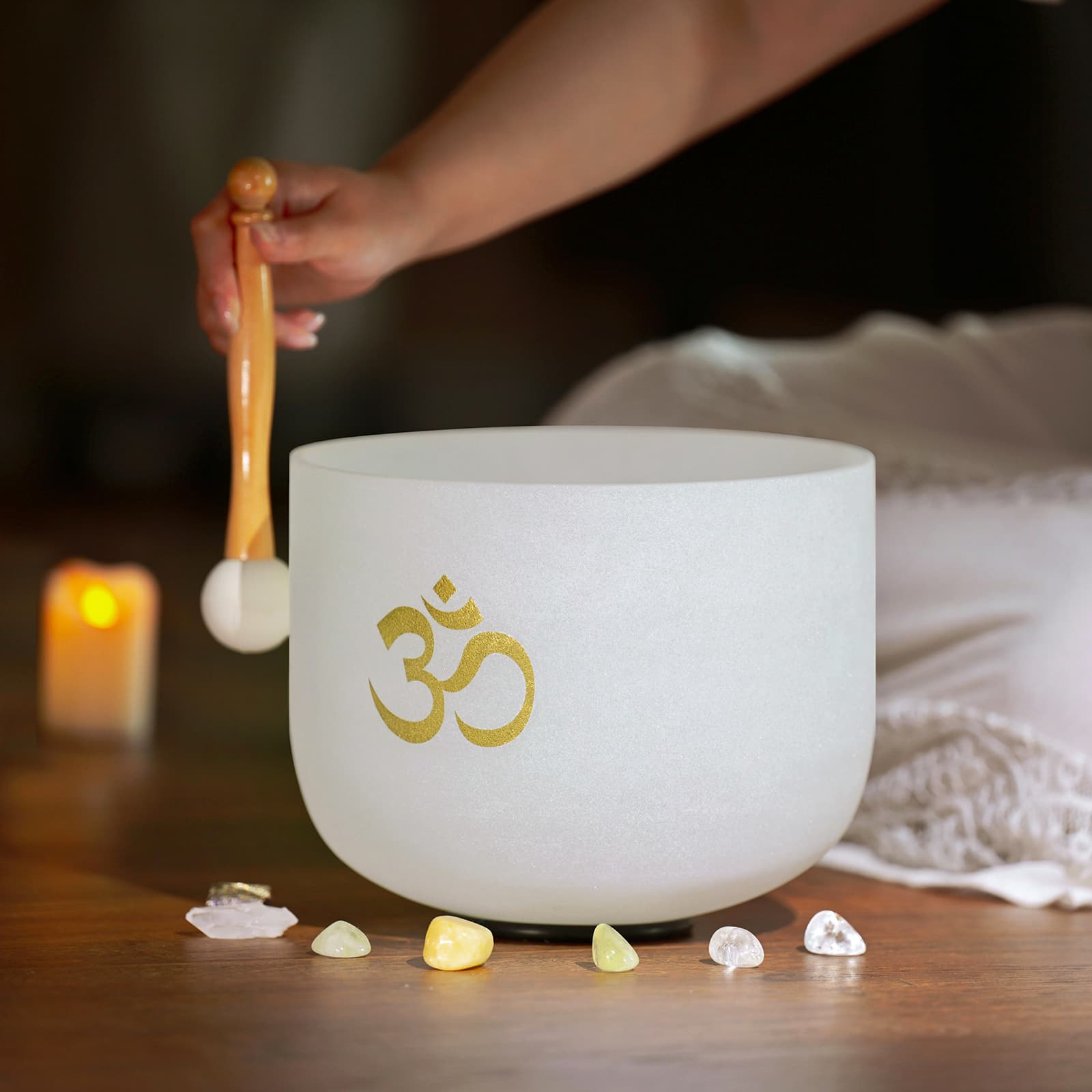 CVNC Prefect Pitch 432Hz Chakra OM Symbol Frosted Quartz Crystal Singing Bowl For Meditation Healing