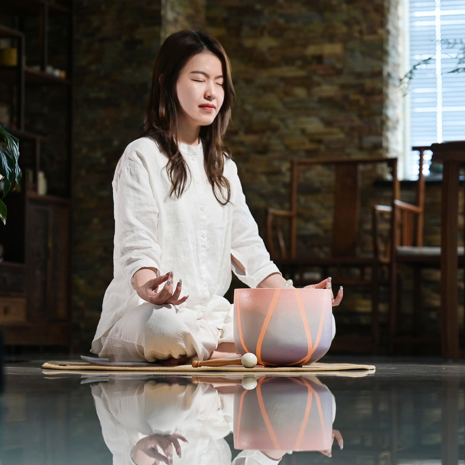 CVNC D Note Pink Colored Striped Crystal Singing Bowl For Sound Healing
