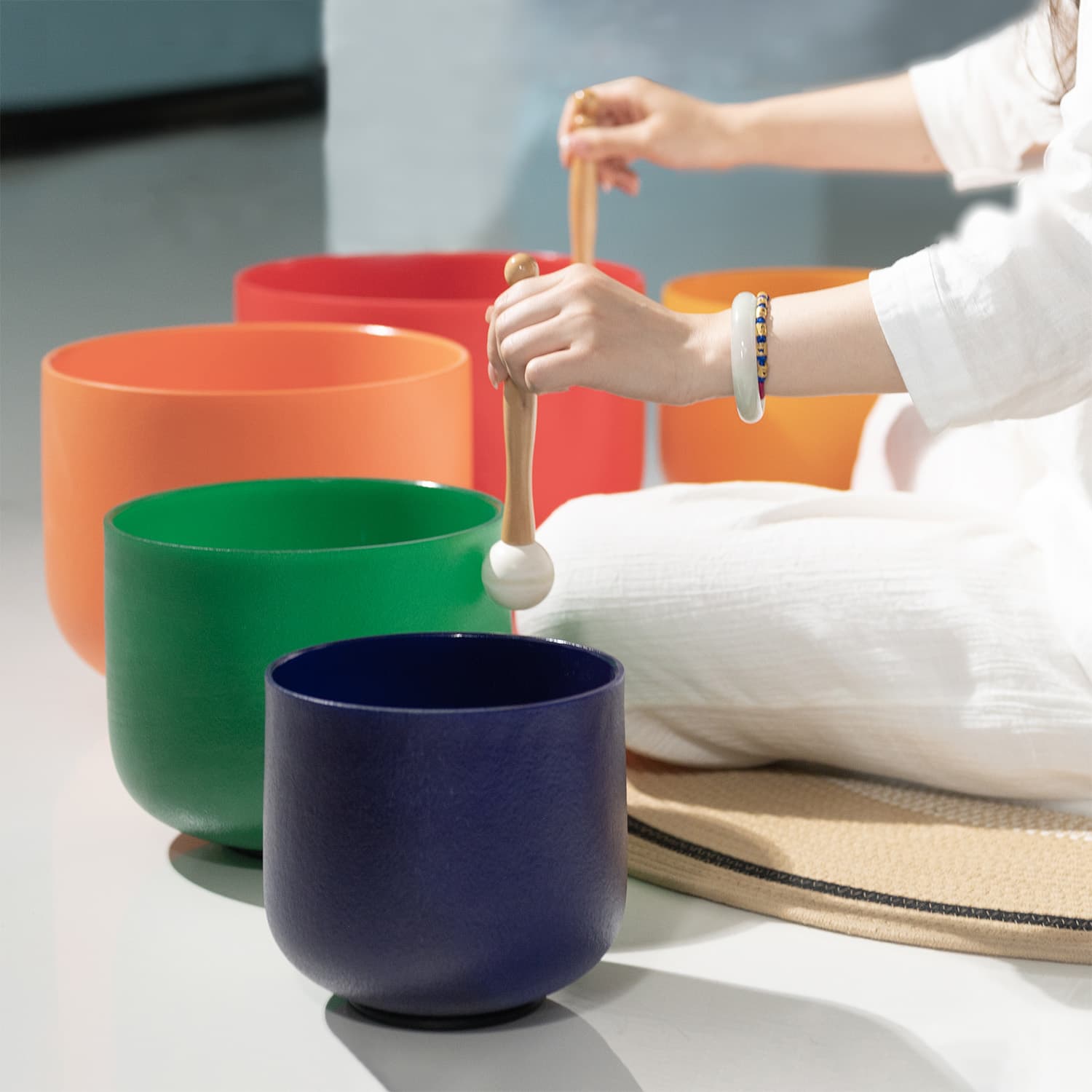 CVNC 6-12 Inch 7 PCS Colored Frosted Crystal Singing Bowl Set With Carrier Bag