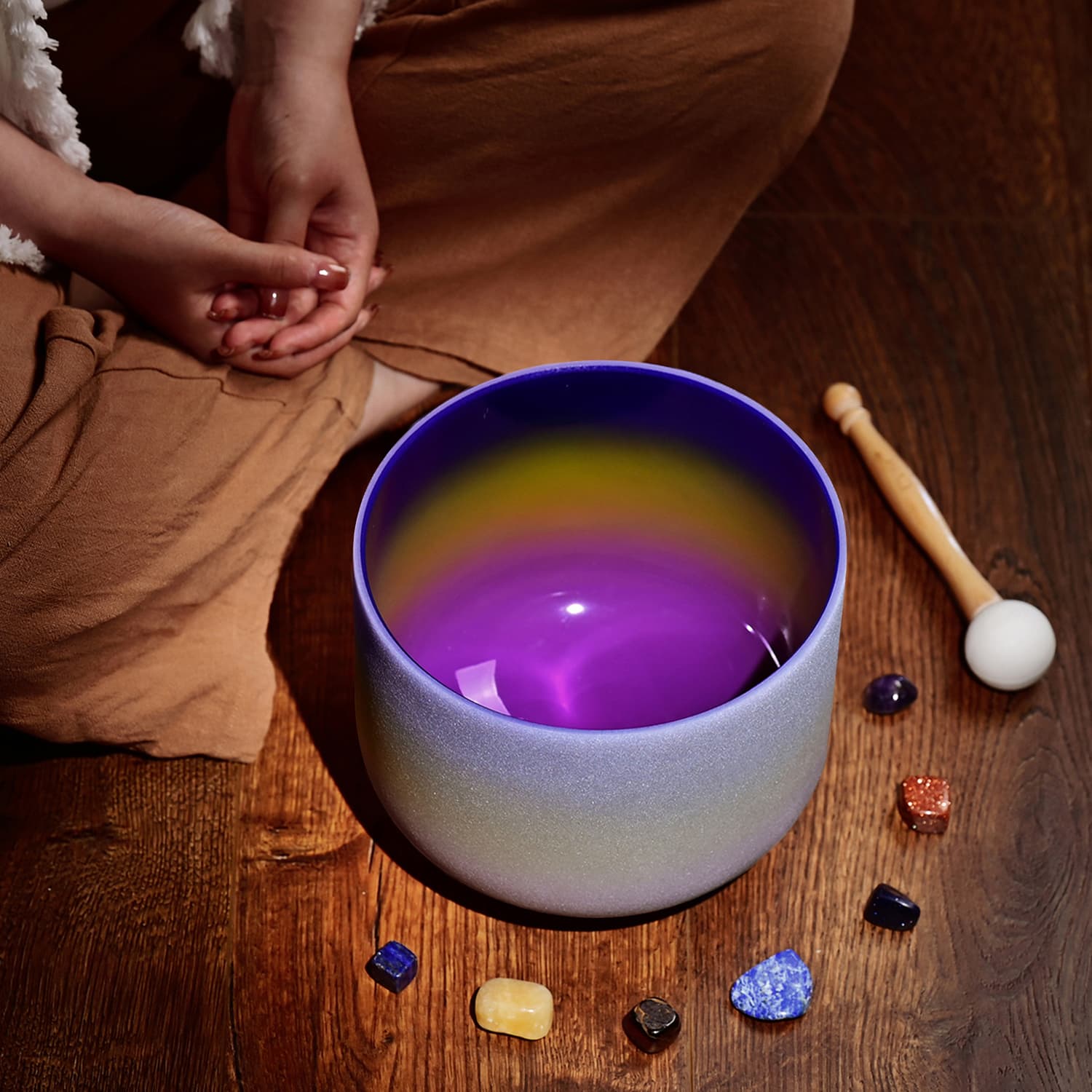 CVNC A Note Third-eye Chakra Rainbow Colored Frosted Crystal Singing Bowl For Chakra Healing Meditation